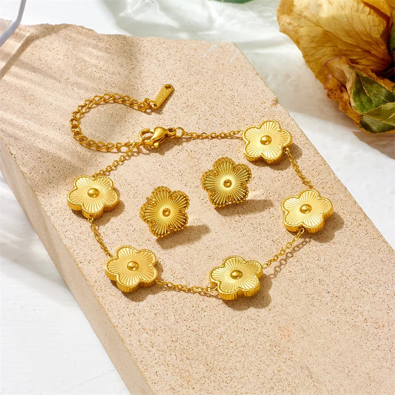 DIEYURO 316L Stainless Steel Five Leaf Flower Necklace Bracelet Earrings For Women New Trendy High-Quality Clover Jewelry Set